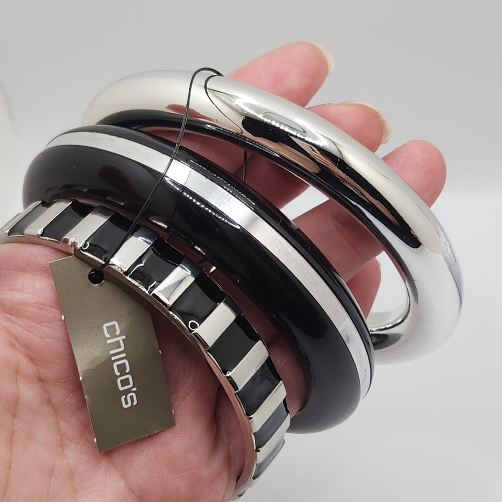 Bold Sculptural Bangle Bracelet Set 3 Piece Black Silver Tone Enamel Chicos MCM